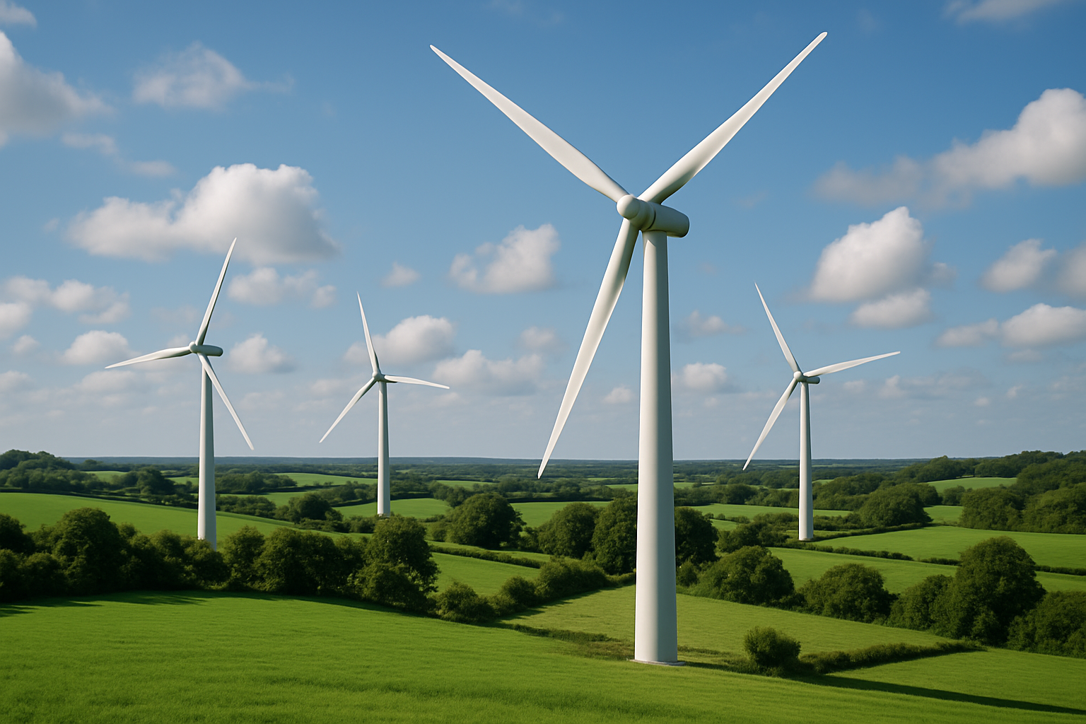 Wind turbines operating efficiently in a green landscape symbolizing advanced wind energy performance and consultancy